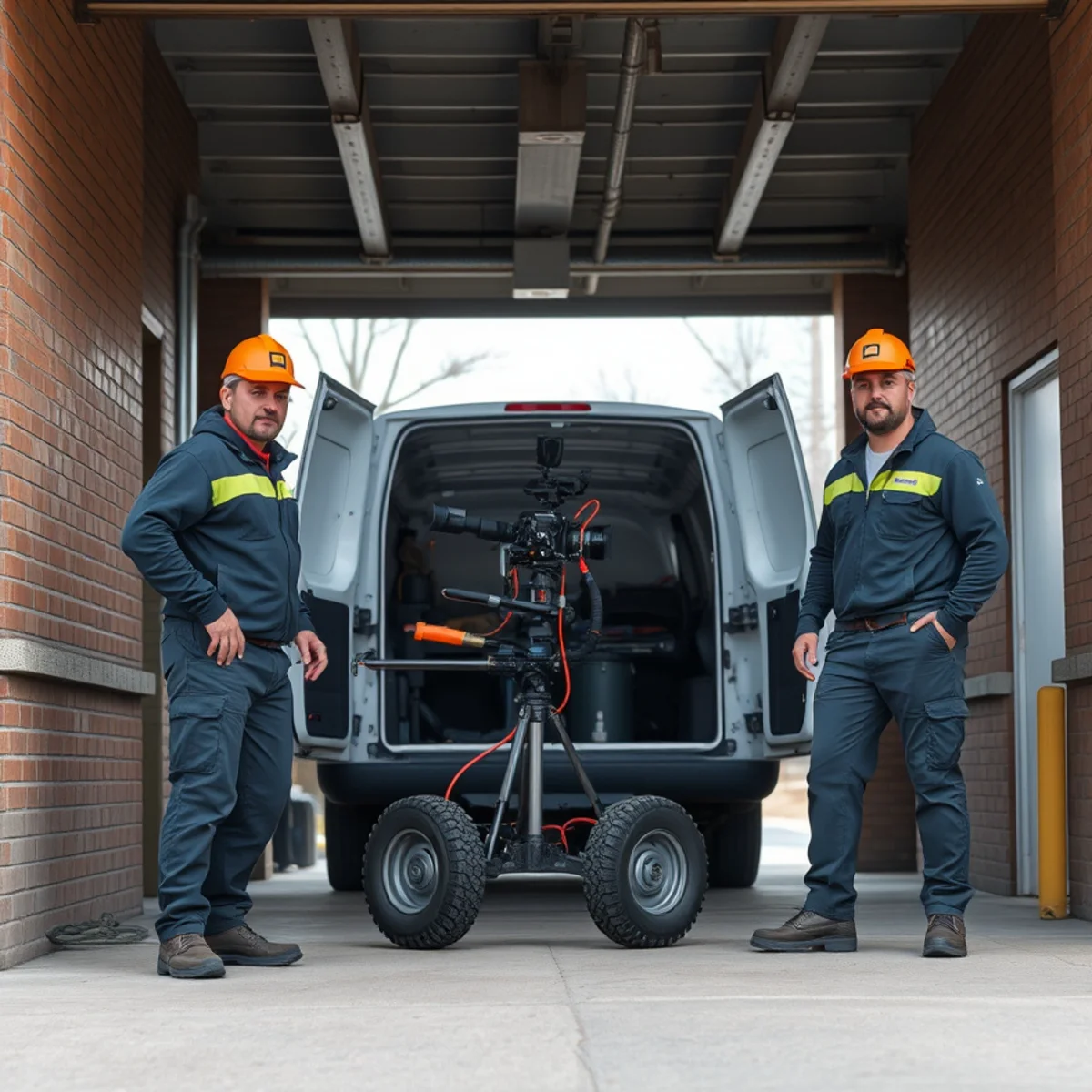 Sewer camera inspection van outside a commercial building before a sale or lease closing