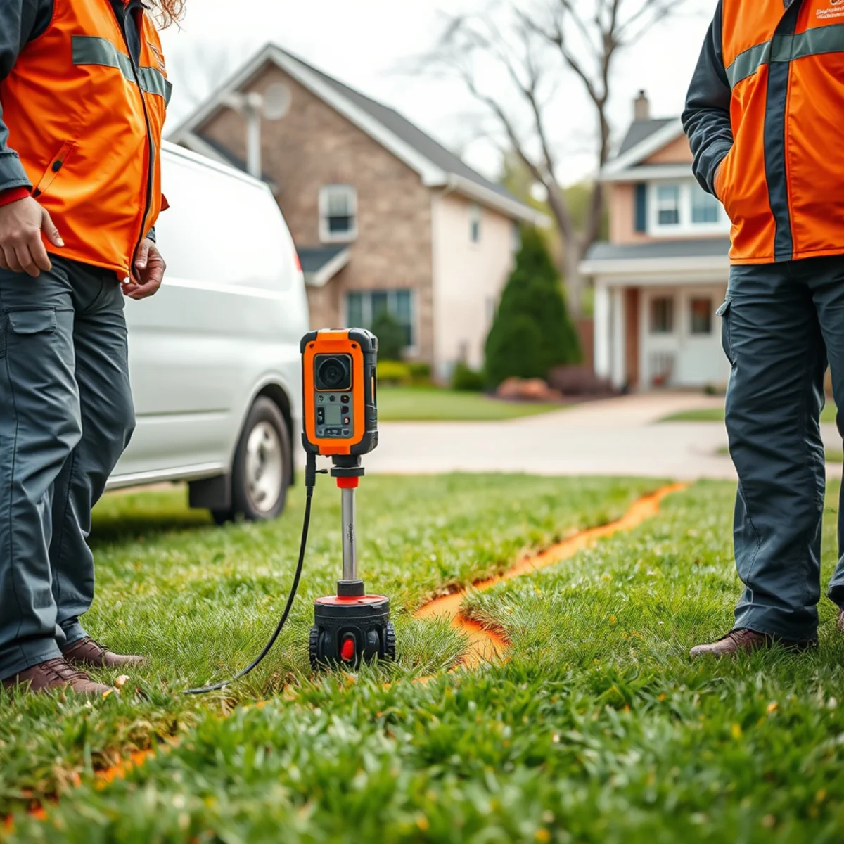 Technician using a surface receiver to trace a sewer line locating signal in a yard