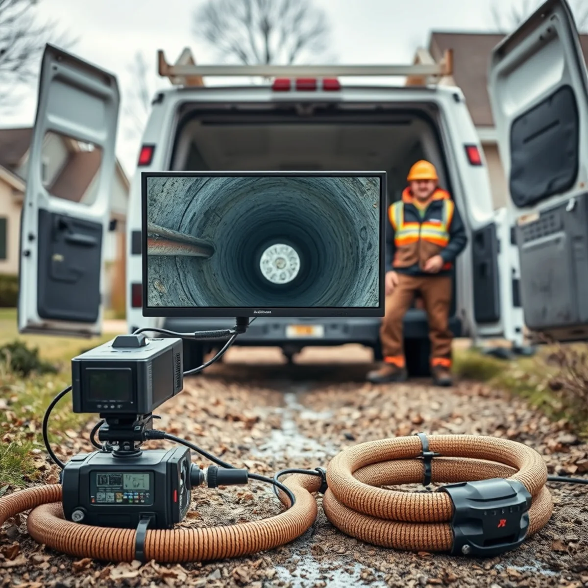 Plumbing camera inspection locating a main sewer line clog in a home in Clinton Township, Michigan