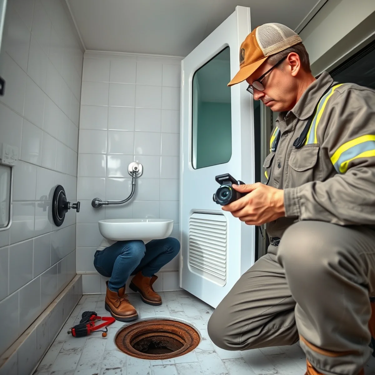 Homeowner checking a basement floor drain while investigating a sewer gas smell inside the house