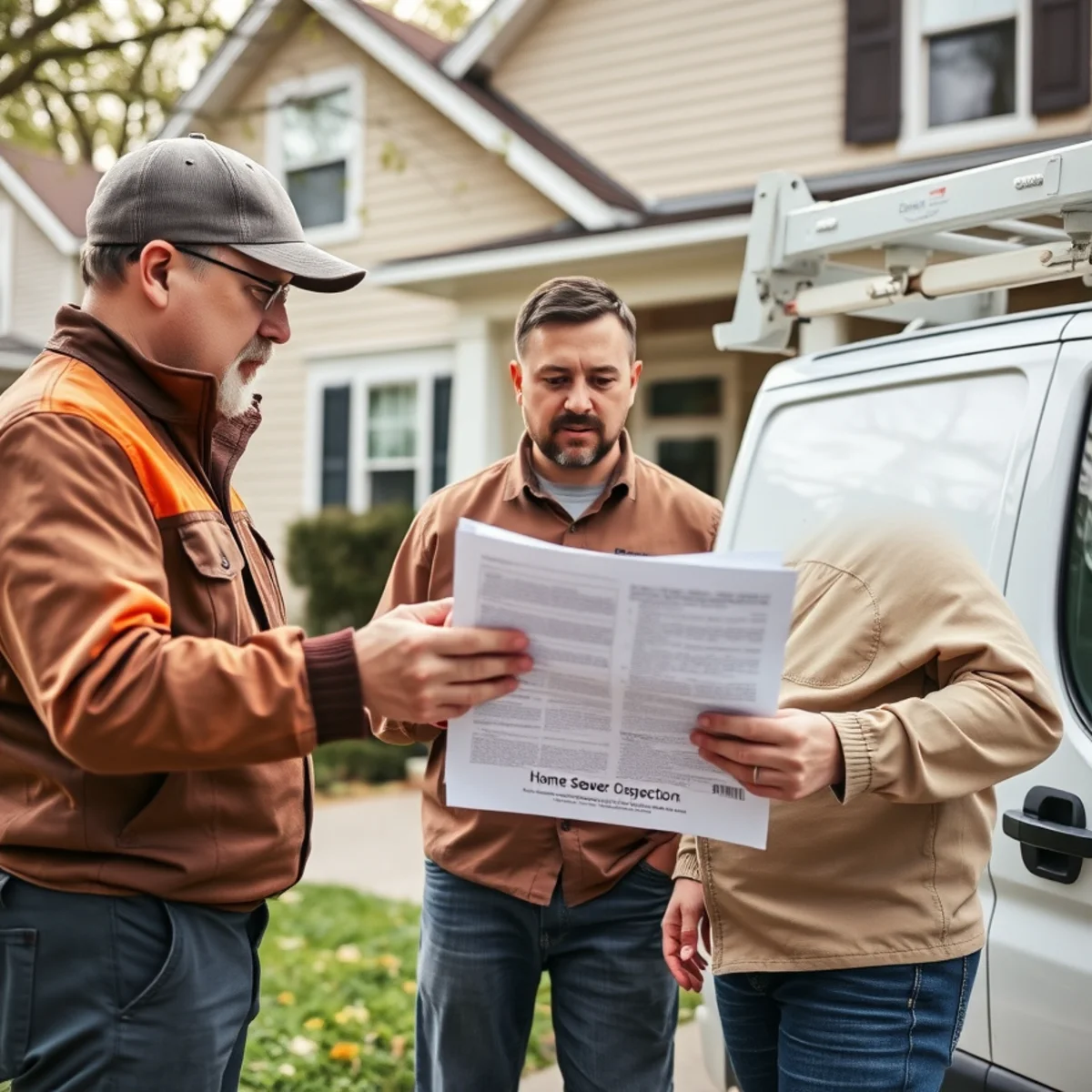 Home inspector performing a sewer scope inspection at a house sale in Troy, Michigan before closing