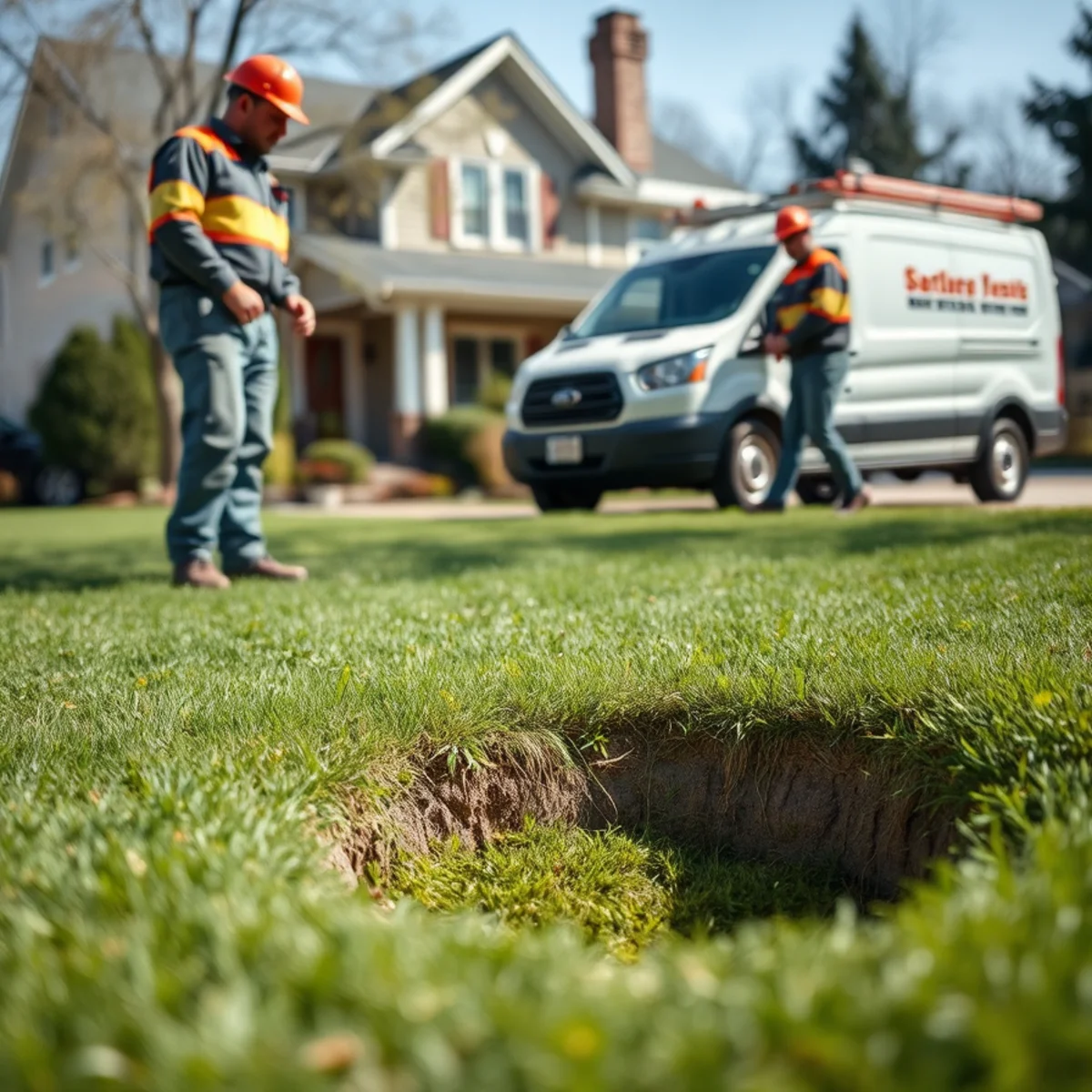 Sinkhole forming in a yard over a failing sewer line in Center Line, Michigan before a camera inspection