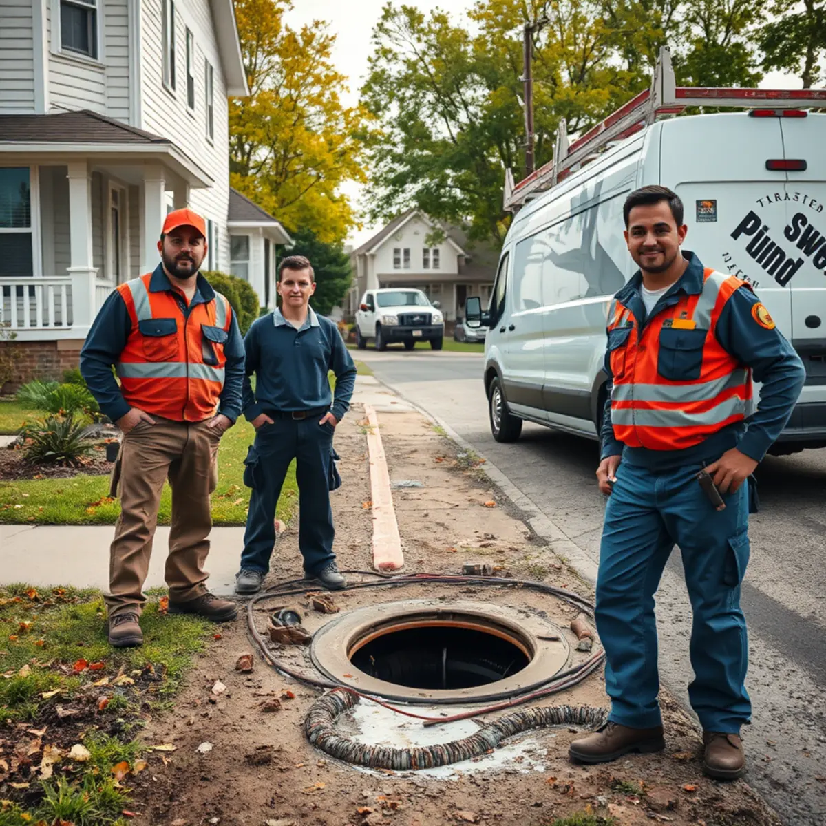 Diagram-style view of a residential sewer lateral running from a house to the municipal main under the street
