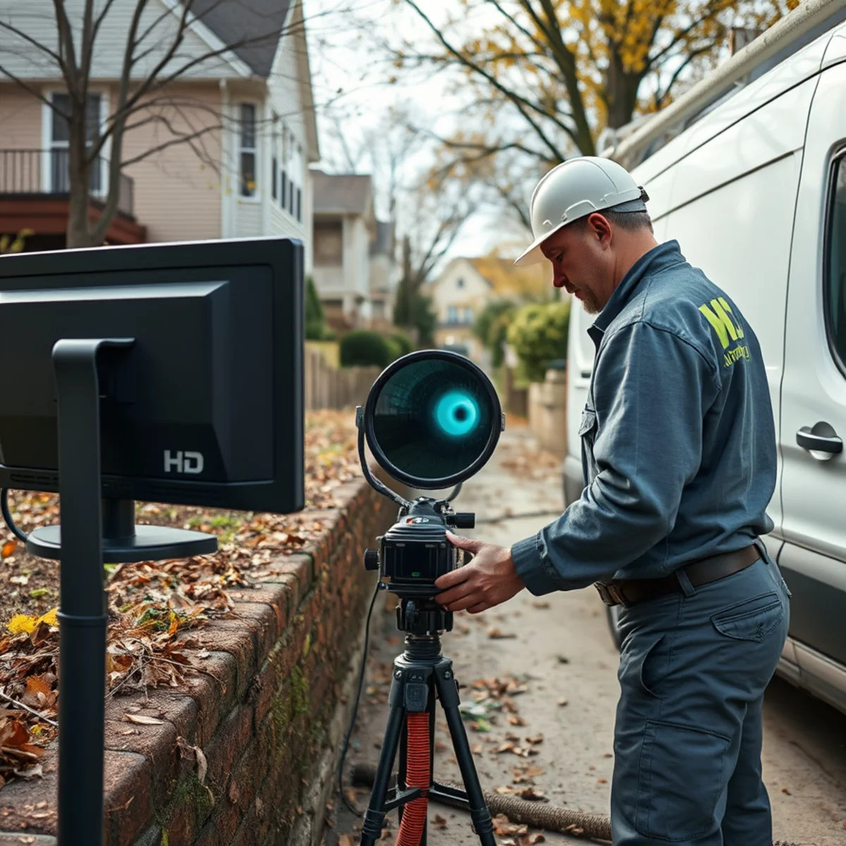 Sewer camera inspection van near a historic rental-district street in Ann Arbor, Michigan