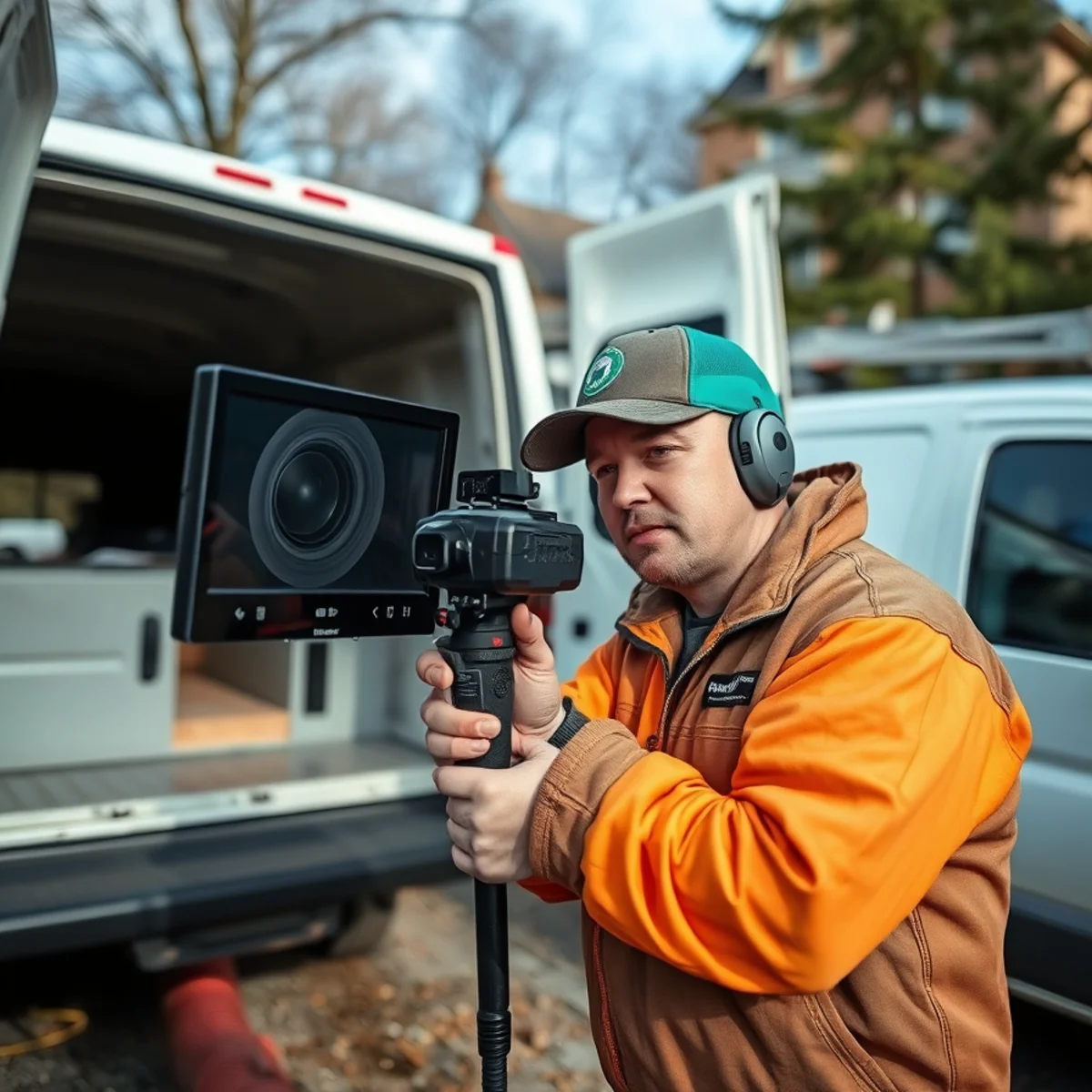 Sewer camera inspection crew locating a long private lateral on a Bloomfield Hills, MI estate property