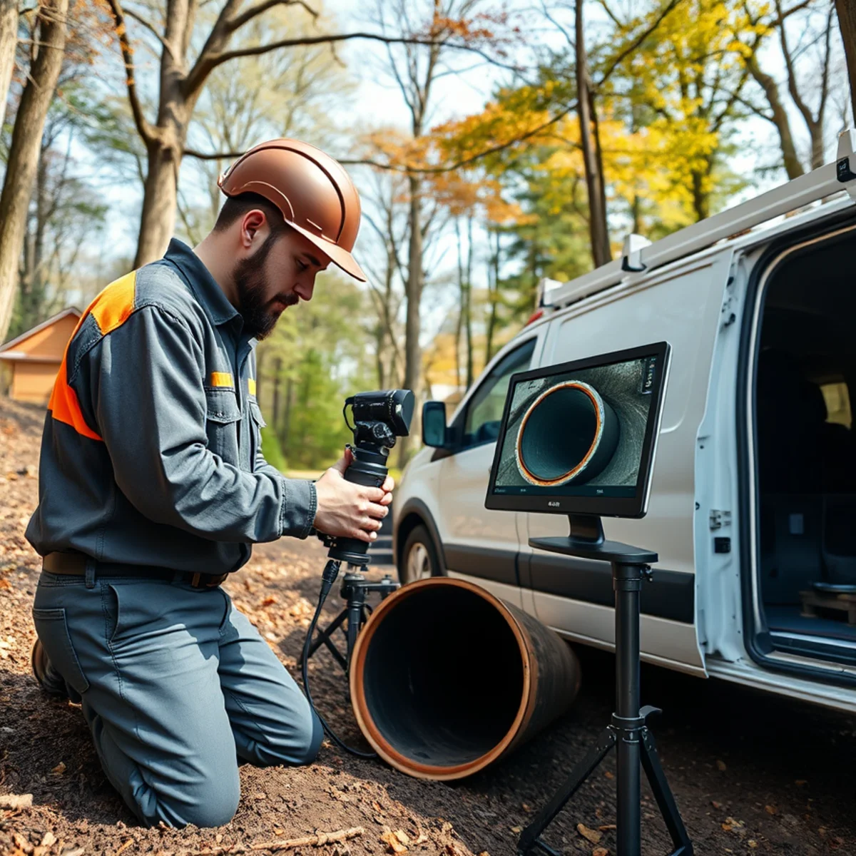 Sewer camera inspection truck on a wooded Bloomfield Township, MI street