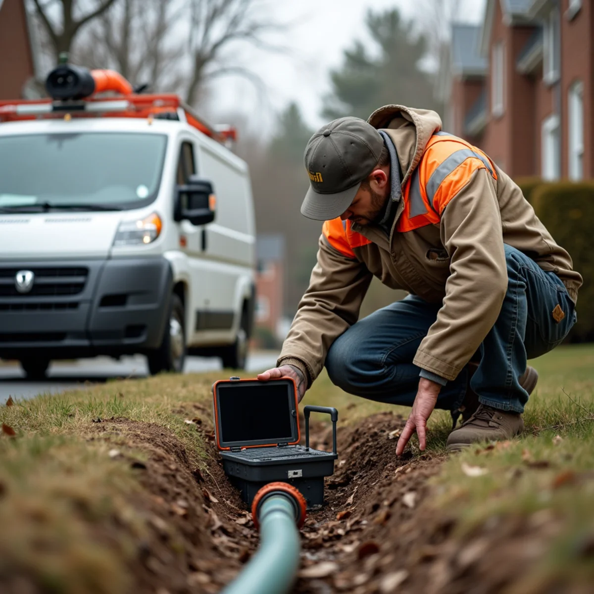 Sewer camera inspection in a 1960s ranch-home neighborhood in Clinton Township, MI