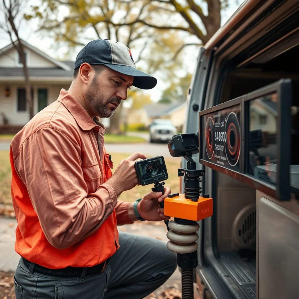 Sewer camera inspection van on a tree-lined street in Davison, Michigan