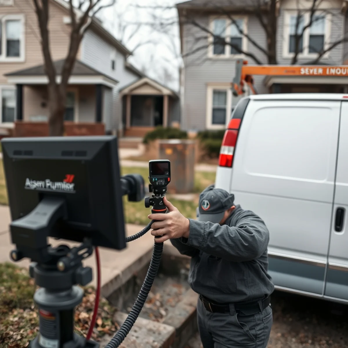 Sewer camera inspection van on a residential street in Detroit, MI