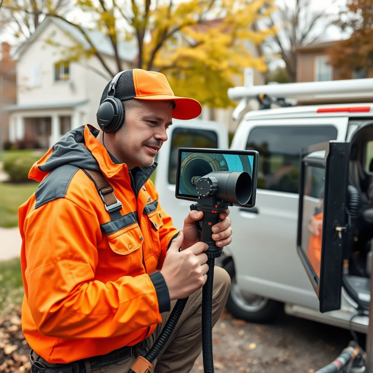 Sewer camera inspection technician at a Farmington Hills, MI subdivision home