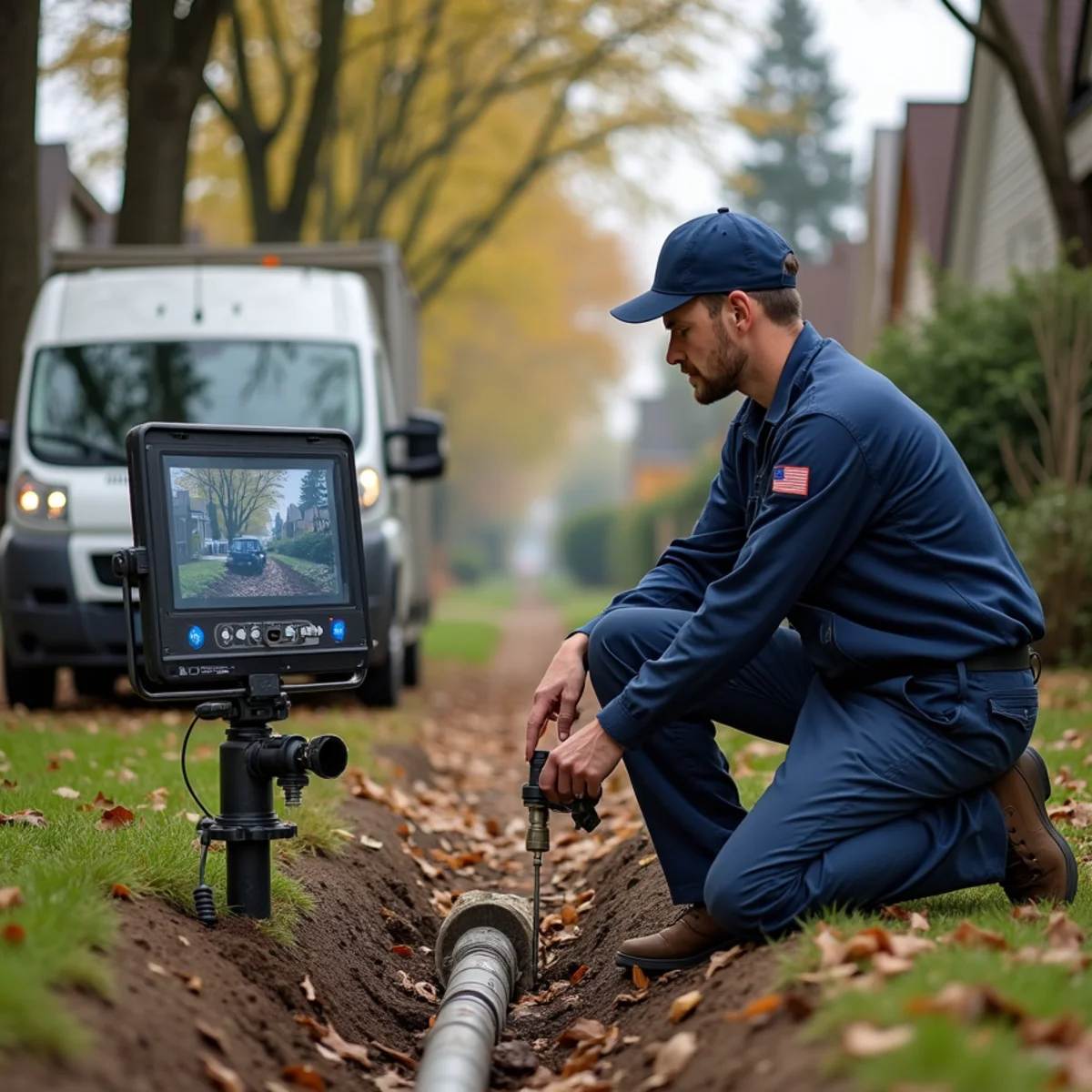 Sewer camera inspection on a narrow tree-lined lot in Ferndale, MI