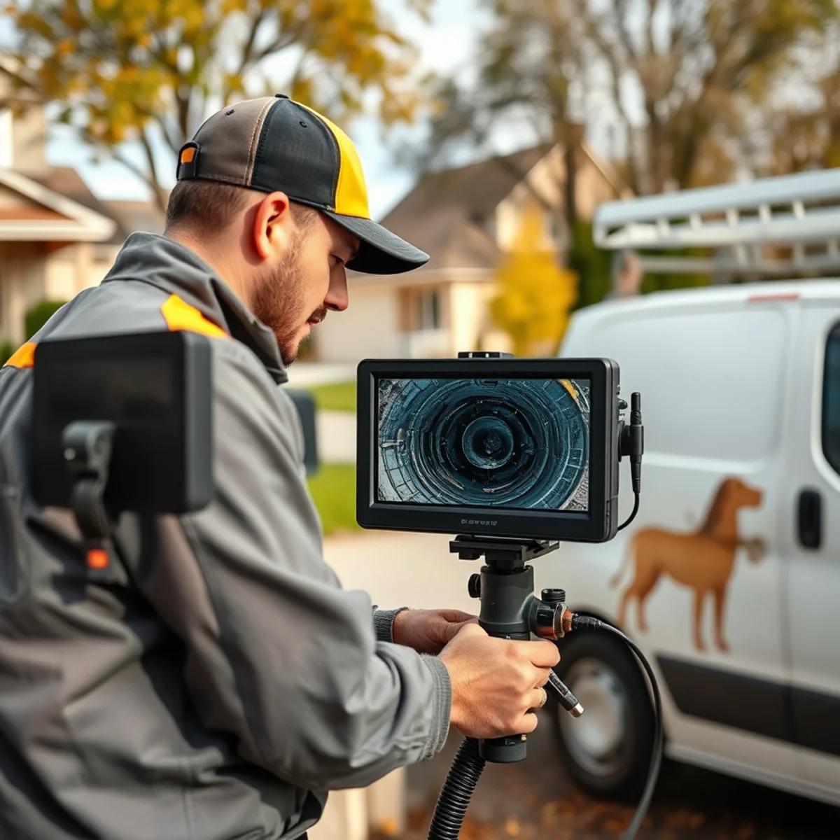 Sewer camera inspection van in a Grand Blanc, Michigan subdivision