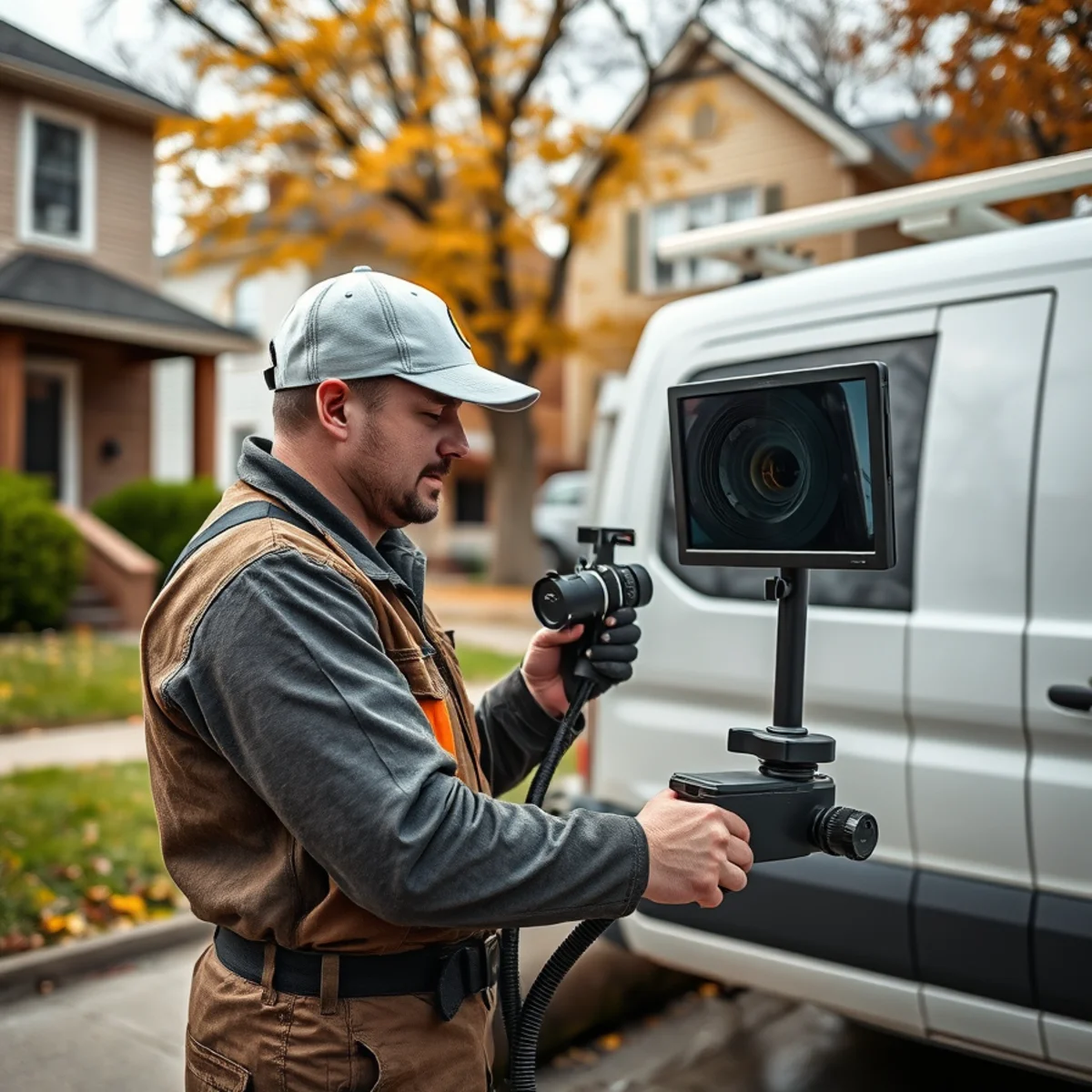 Sewer camera inspection van on a dense residential street in Hamtramck, MI