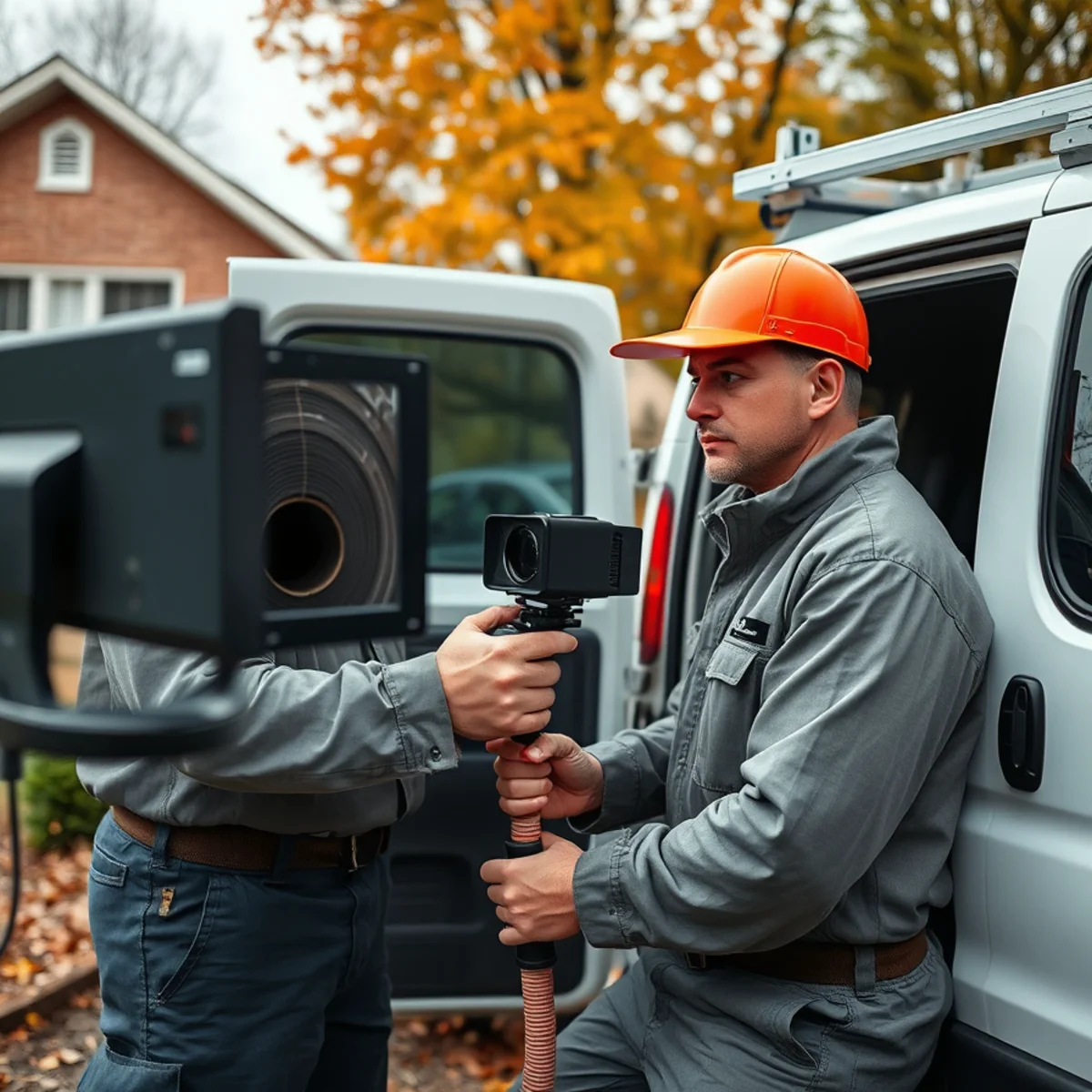 Sewer camera inspection crew at a post-war Harper Woods, MI home