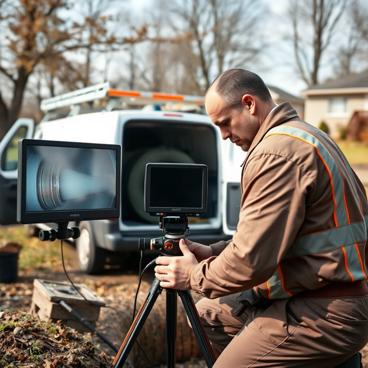 Sewer camera inspection van at a large rural lot in Hartland Township, Michigan