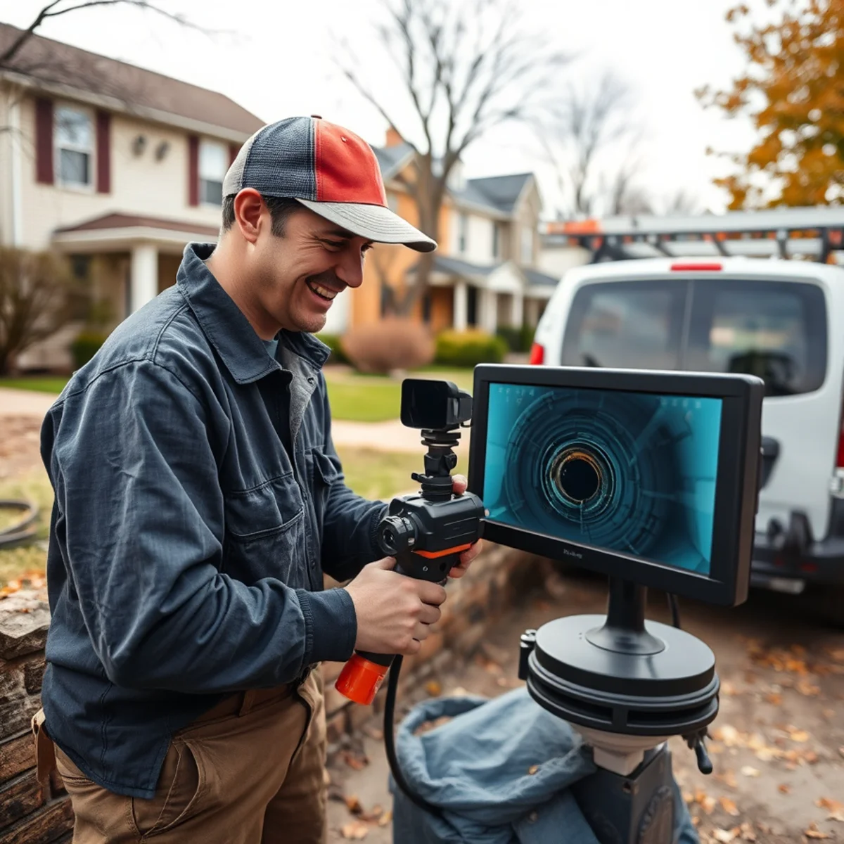Sewer camera inspection crew at a 1940s Hazel Park, MI home
