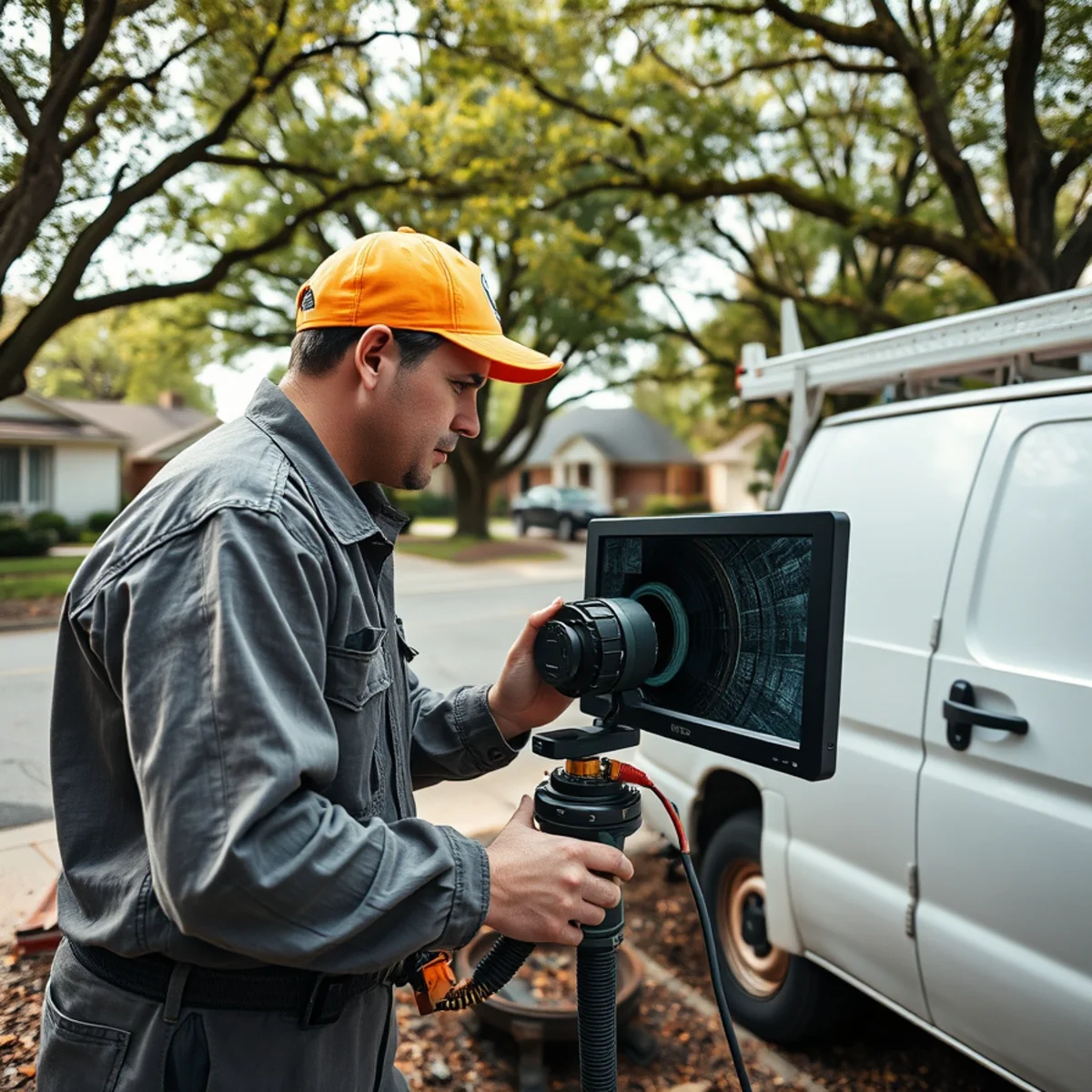 Sewer camera inspection technician at a brick ranch home in Livonia, MI