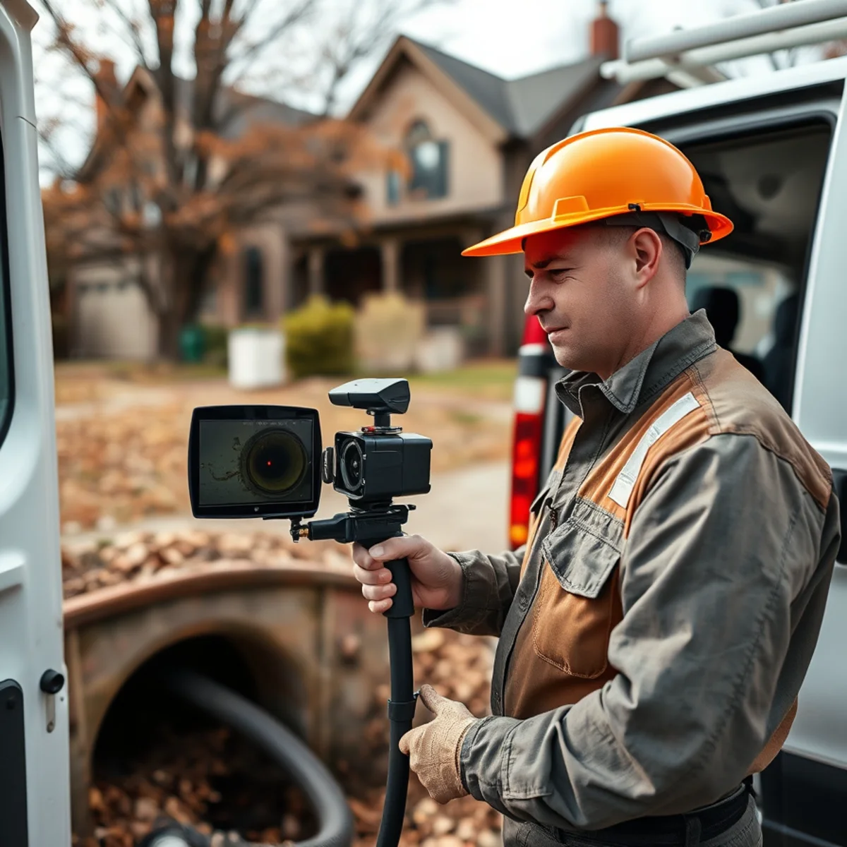 Sewer camera inspection van near a Victorian-era home in downtown Northville, Michigan