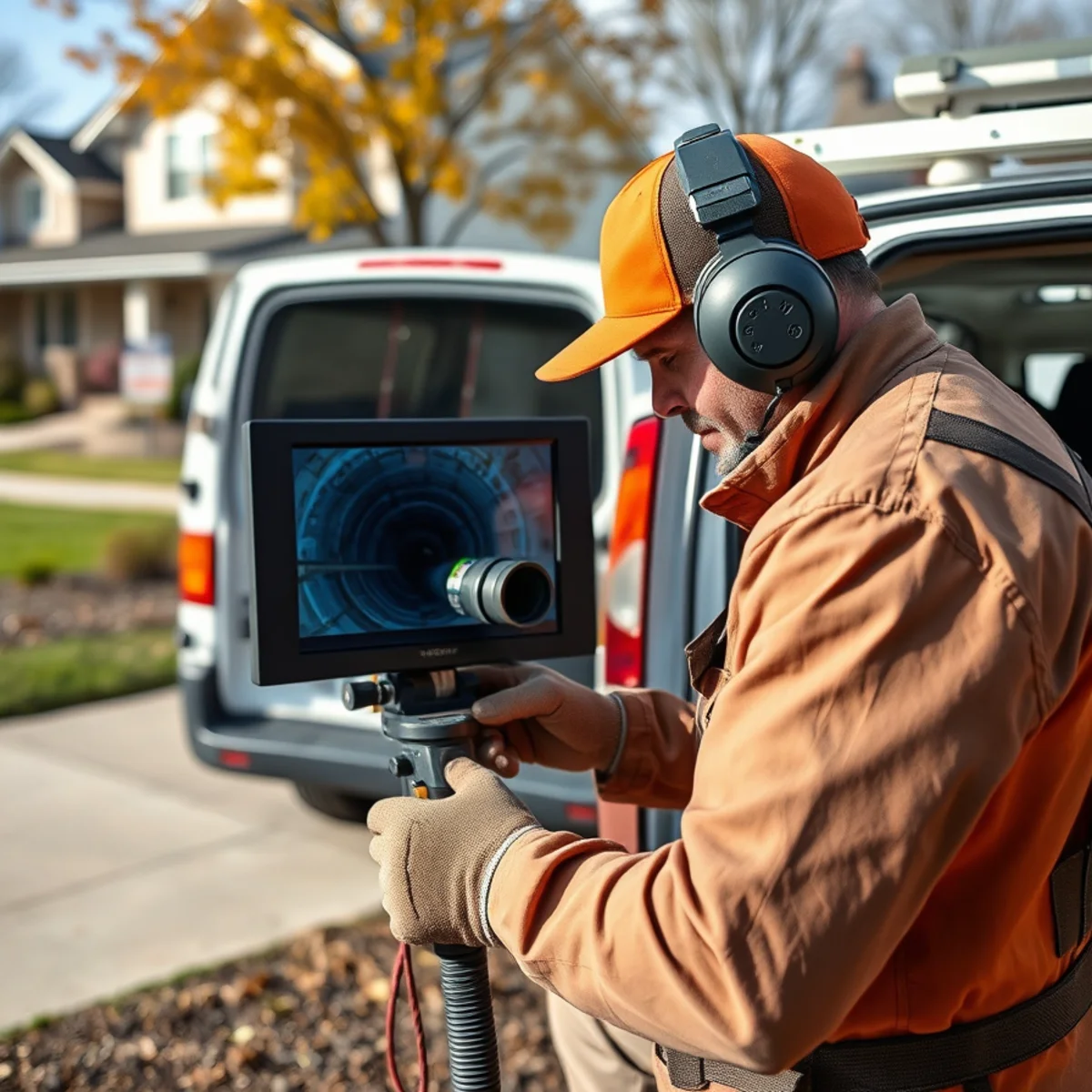 Sewer camera inspection van at a new-construction home in Novi, MI