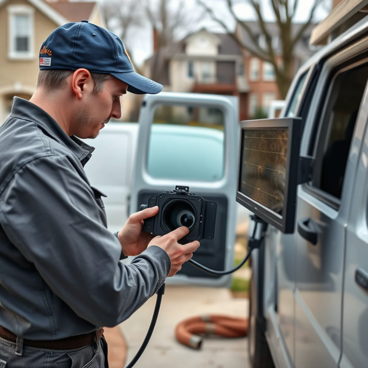 Sewer camera inspection van near downtown Kellogg Park in Plymouth, Michigan