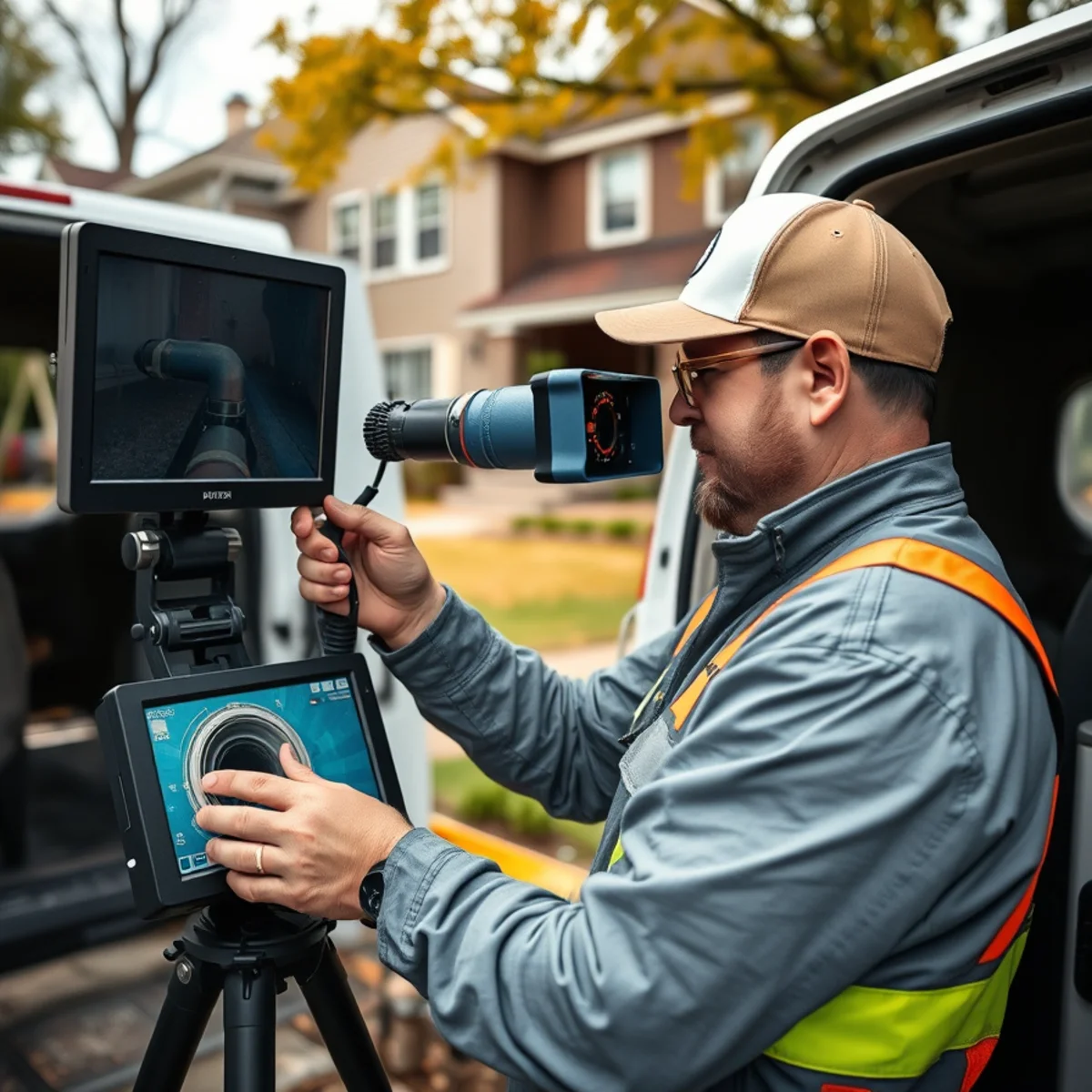 Sewer camera inspection van in a Redford Township, MI neighborhood