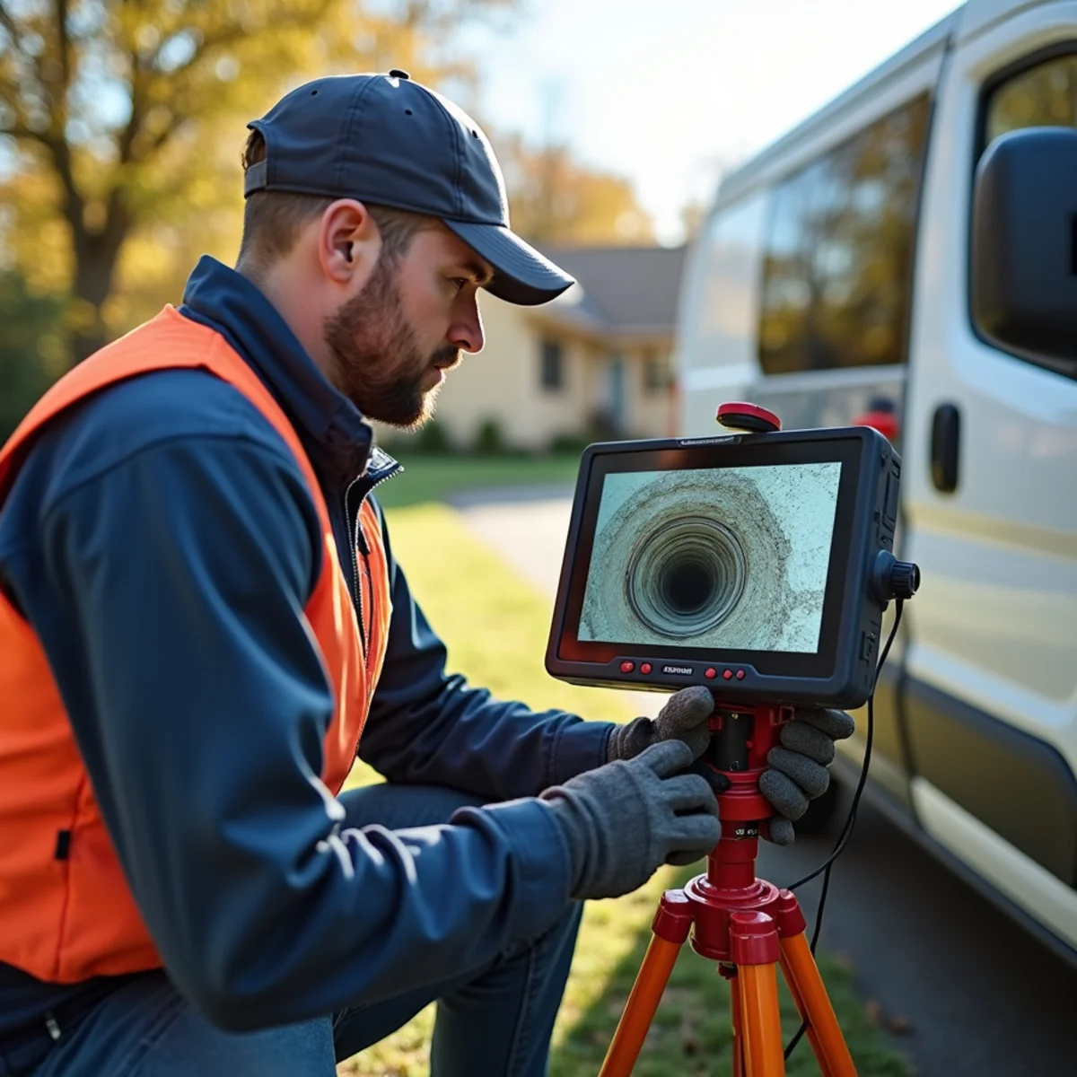 Sewer camera inspection equipment set up outside a Shelby Township, MI subdivision home