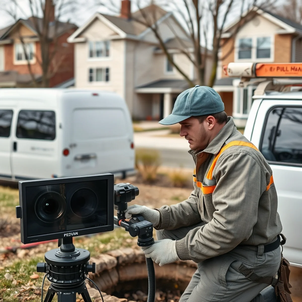 Sewer camera inspection van outside an office building in Southfield, MI