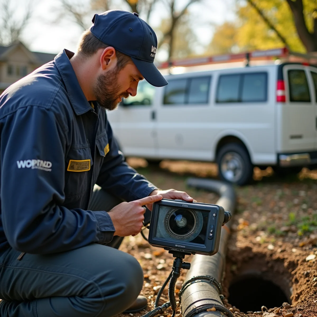 Sewer camera inspection truck on a long rural driveway in Washington Township, MI