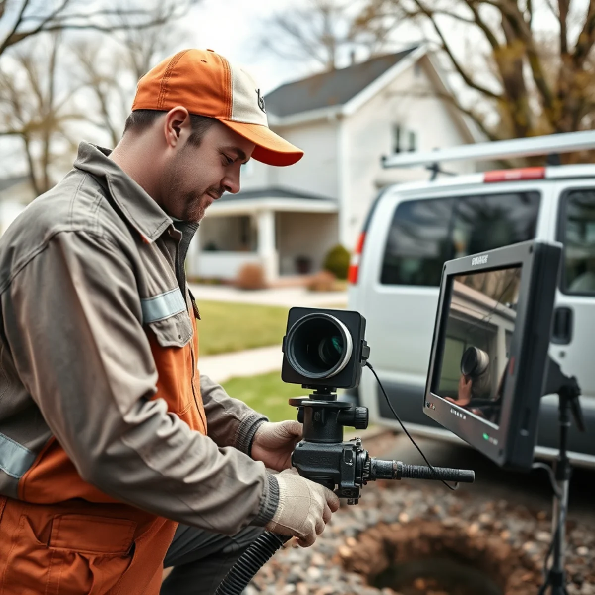 Sewer camera inspection van near a lakefront home in Waterford, MI